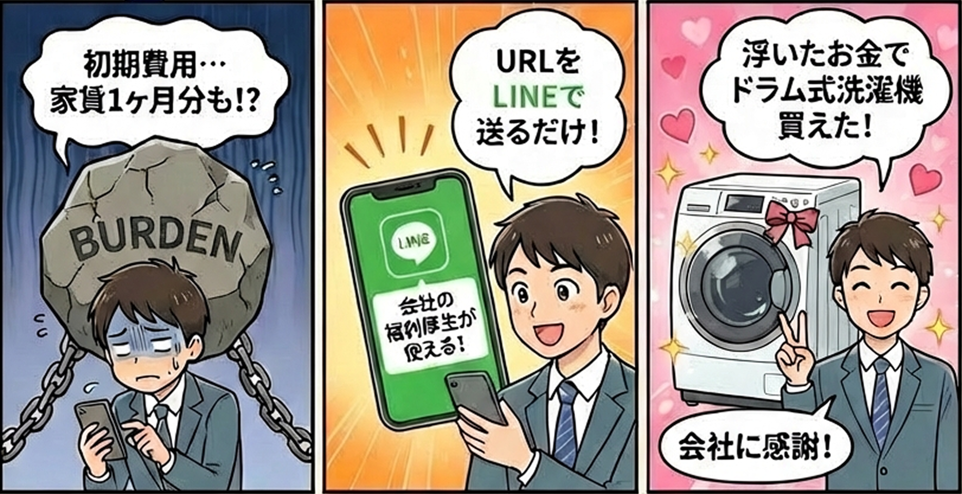 LINEでURLを送るだけで仲介手数料が無料になる流れを説明する3コマイラスト