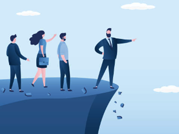 崖の先を示す人物のイラスト