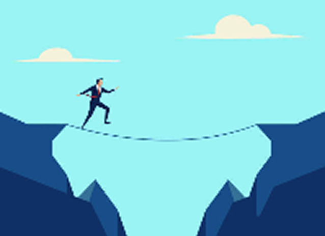 谷を飛び越えようとする人物のイラスト